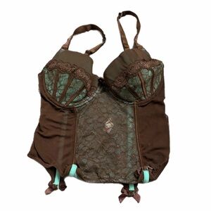 90s French Vintage Lace Corset Bustier (Chocolate Brown/Turquoise) Size 36D/L